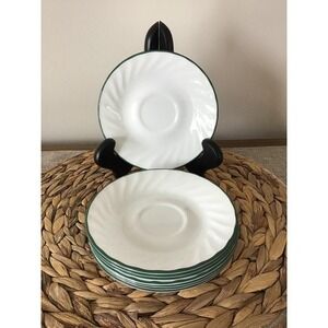 Corelle Callaway Ivy Saucers Mug Plates Swirl White Green Rim 6 1/4" 8 Total